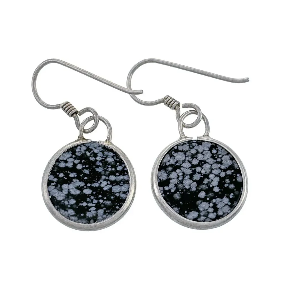 Vintage Sterling Silver Snowflake Obsidian Dangle Earrings